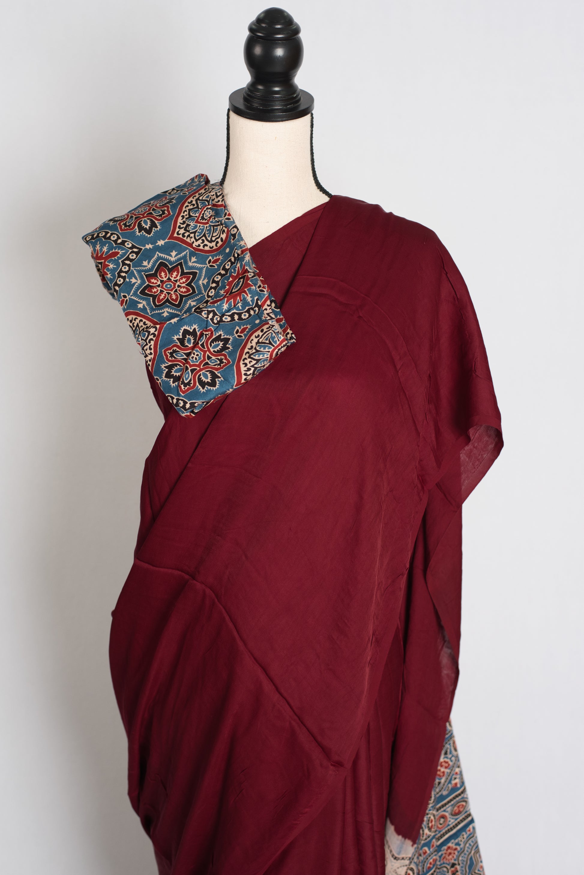 Leela : Dark Red Hand Block Printed Pure Modal Silk Ajrakh Saree image 2