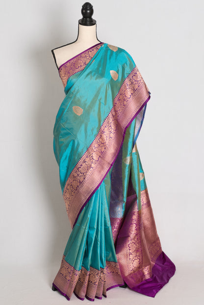 Yasmin : Cyan Blue & Deep Purple Pure Katan Banarasi Silk Saree image 0