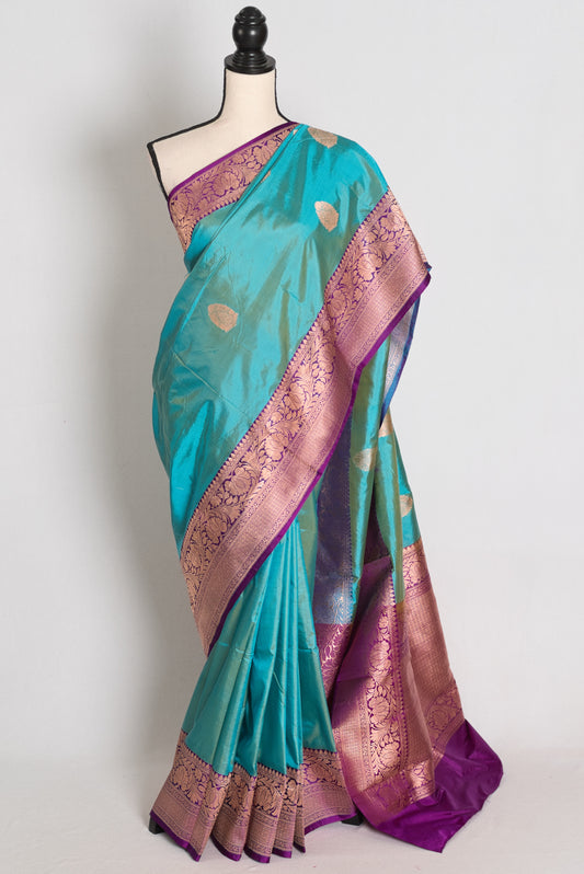 Yasmin : Cyan Blue & Deep Purple Pure Katan Banarasi Silk Saree image 0