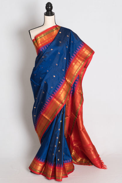 Pooja: Deep Peacock Blue Handloom Gadwal Pure Silk Saree with Red & Gold Zari image 0