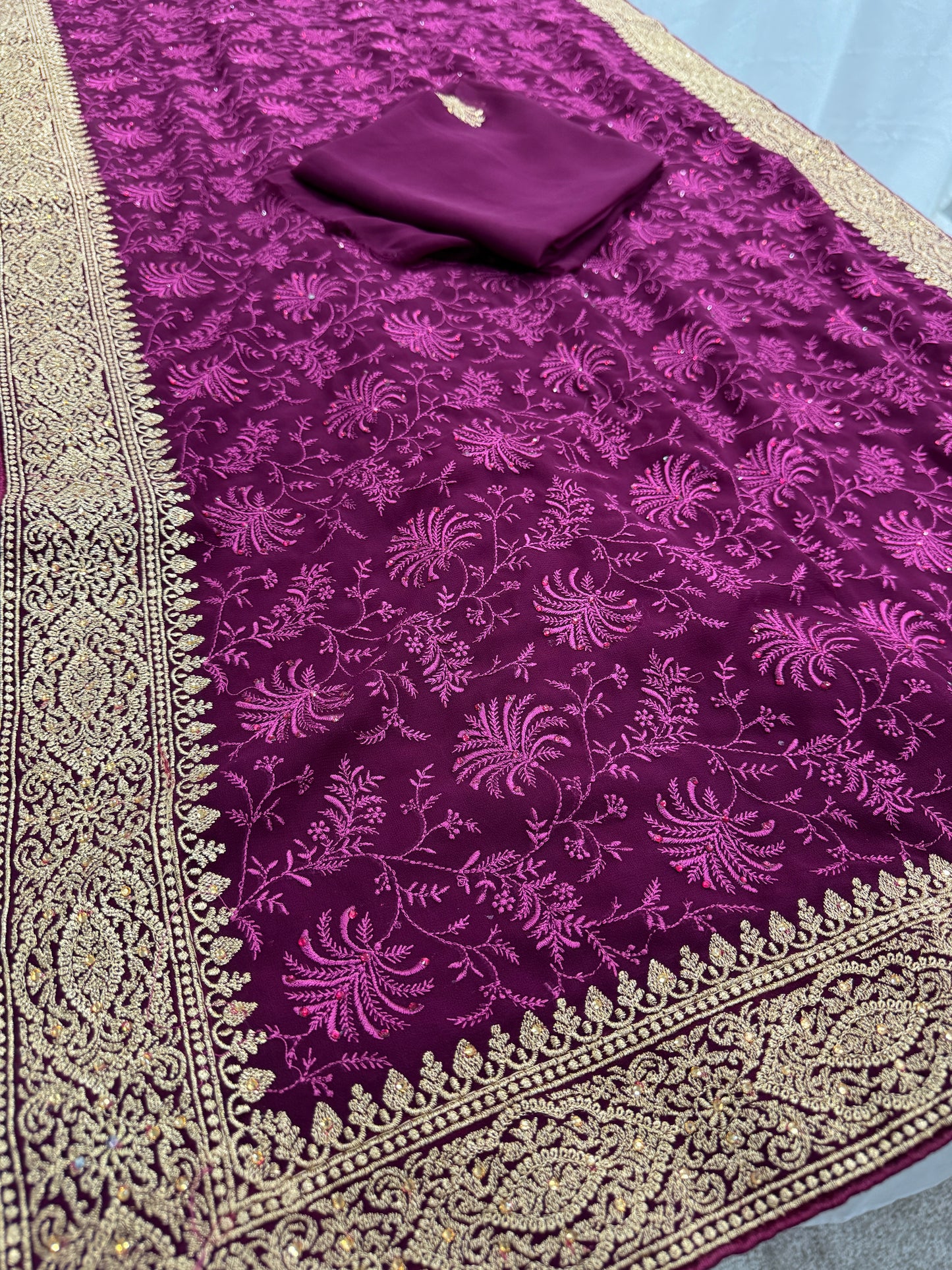 Ishq | Wine Georgette Partywear Saree | Trending Bollywood Floral Embroidery image 4