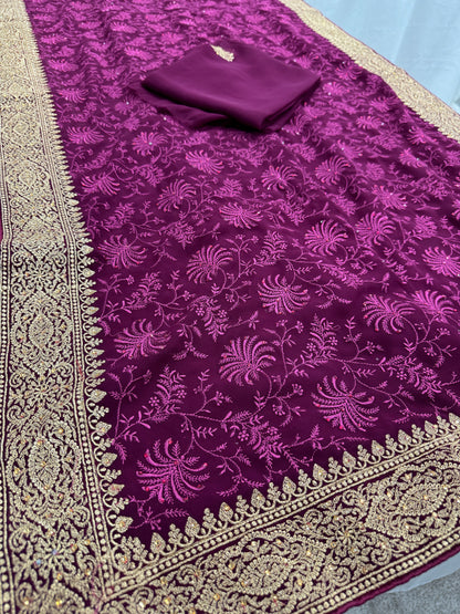 Ishq | Wine Georgette Partywear Saree | Trending Bollywood Floral Embroidery image 4