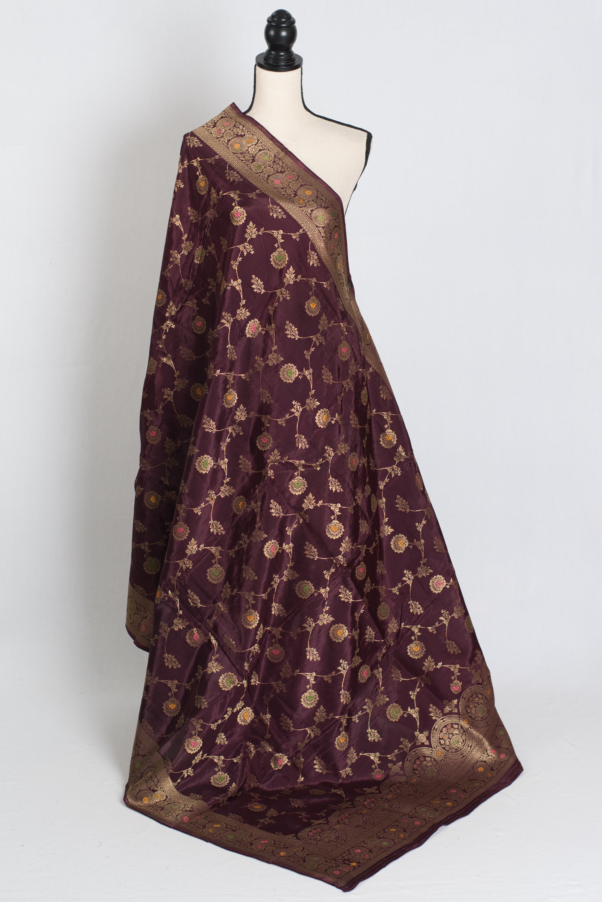 Ajanta : Semi Crepe Silk Jaal Banarasi Saree in Brown and Gold image 1