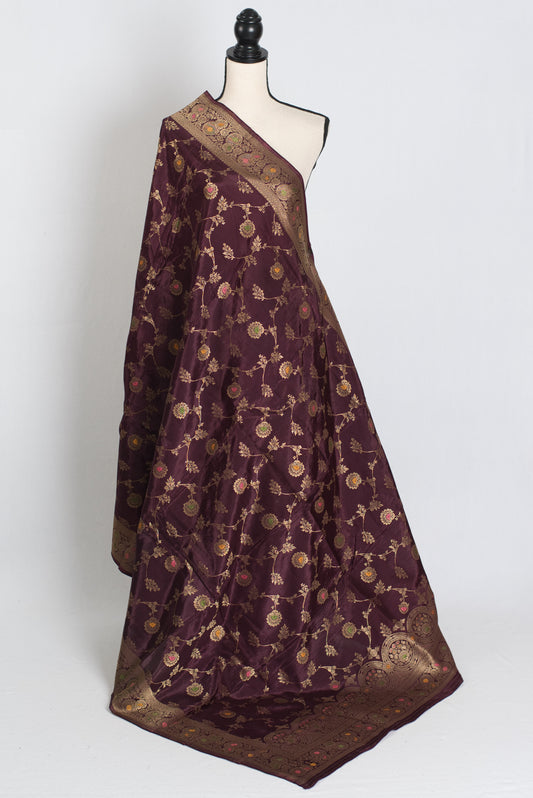 Ajanta : Semi Crepe Silk Jaal Banarasi Saree in Brown and Gold image 1