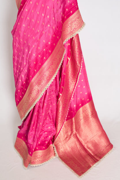 Abira | Pink & Gold Dola Silk Banarasi Saree | Designer Stitched Lace Border image 6