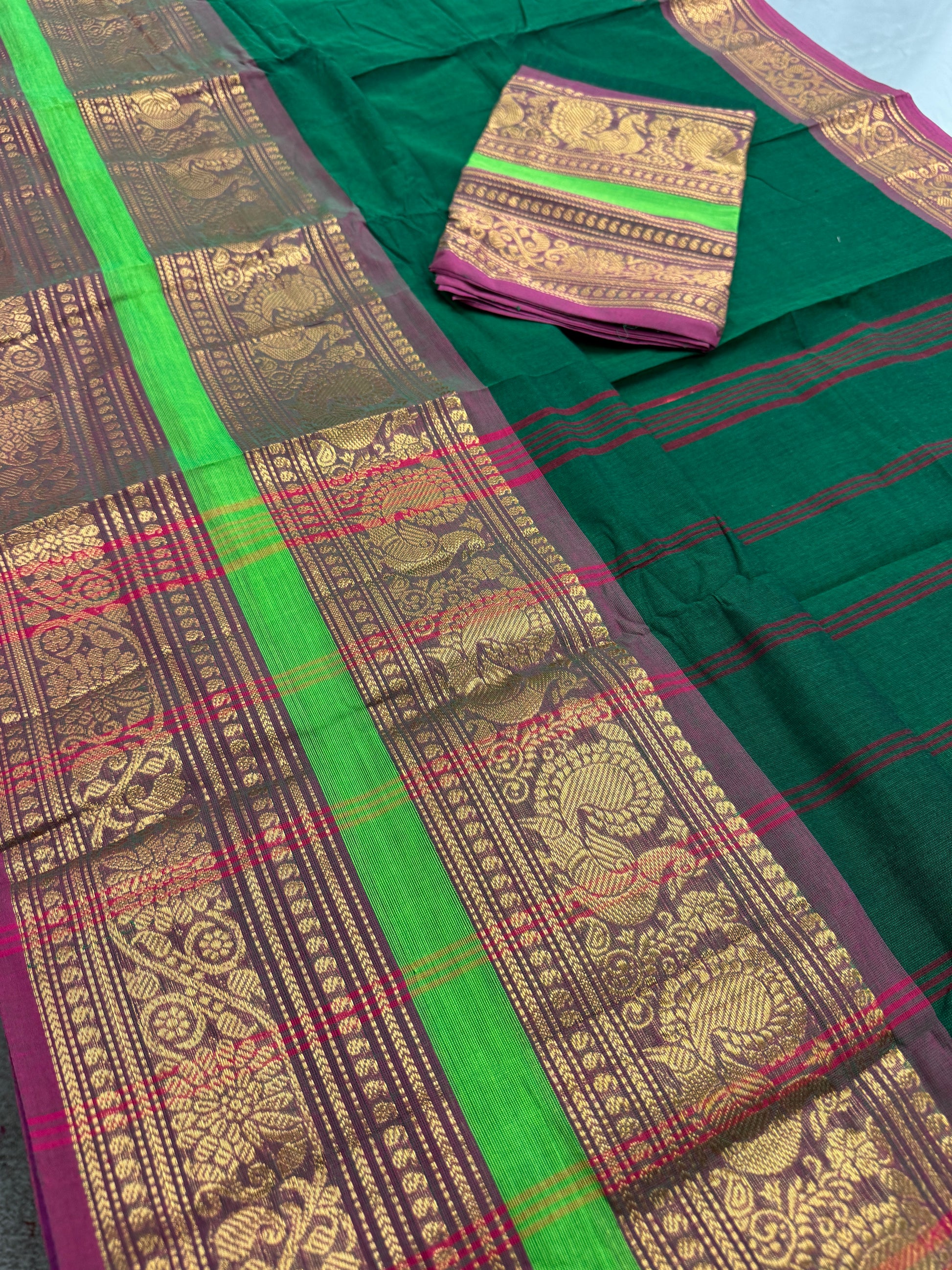 Leela : Bottle Green Kanchi Cotton Saree - Handwoven South Indian Elegance image 1