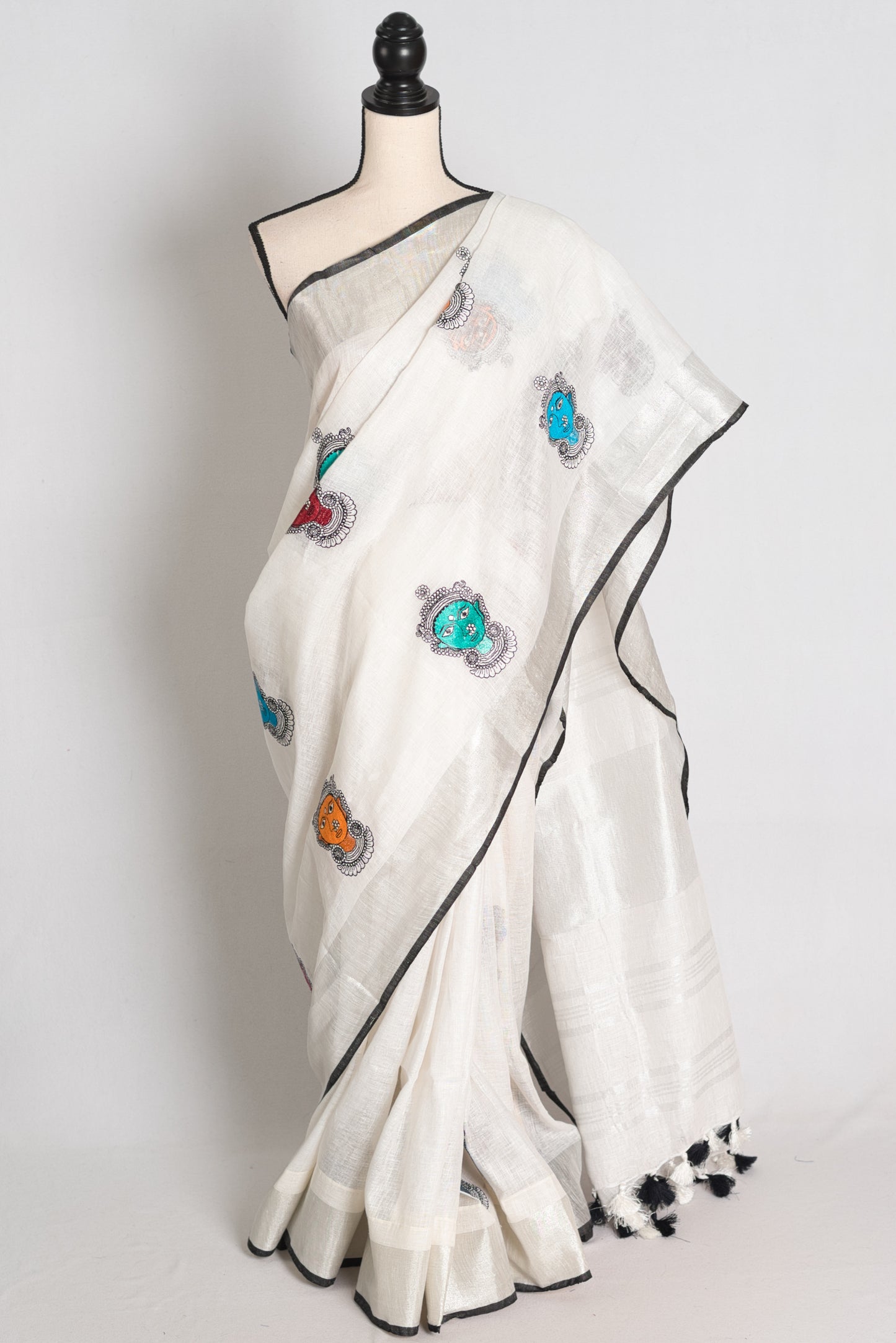 Durga : White Pure Linen Saree with Colorful Durga Face Machine Embroidery image 0