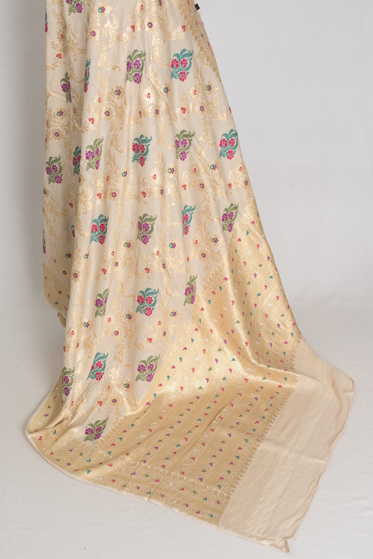 Reena : Beige & Gold Tussar Georgette Banarasi Saree with Minakari Floral Jaal image 4