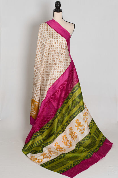 Basanti : Off-White, Pink and Yellow Hand Block Printed Murshidabad Silk Saree image 1