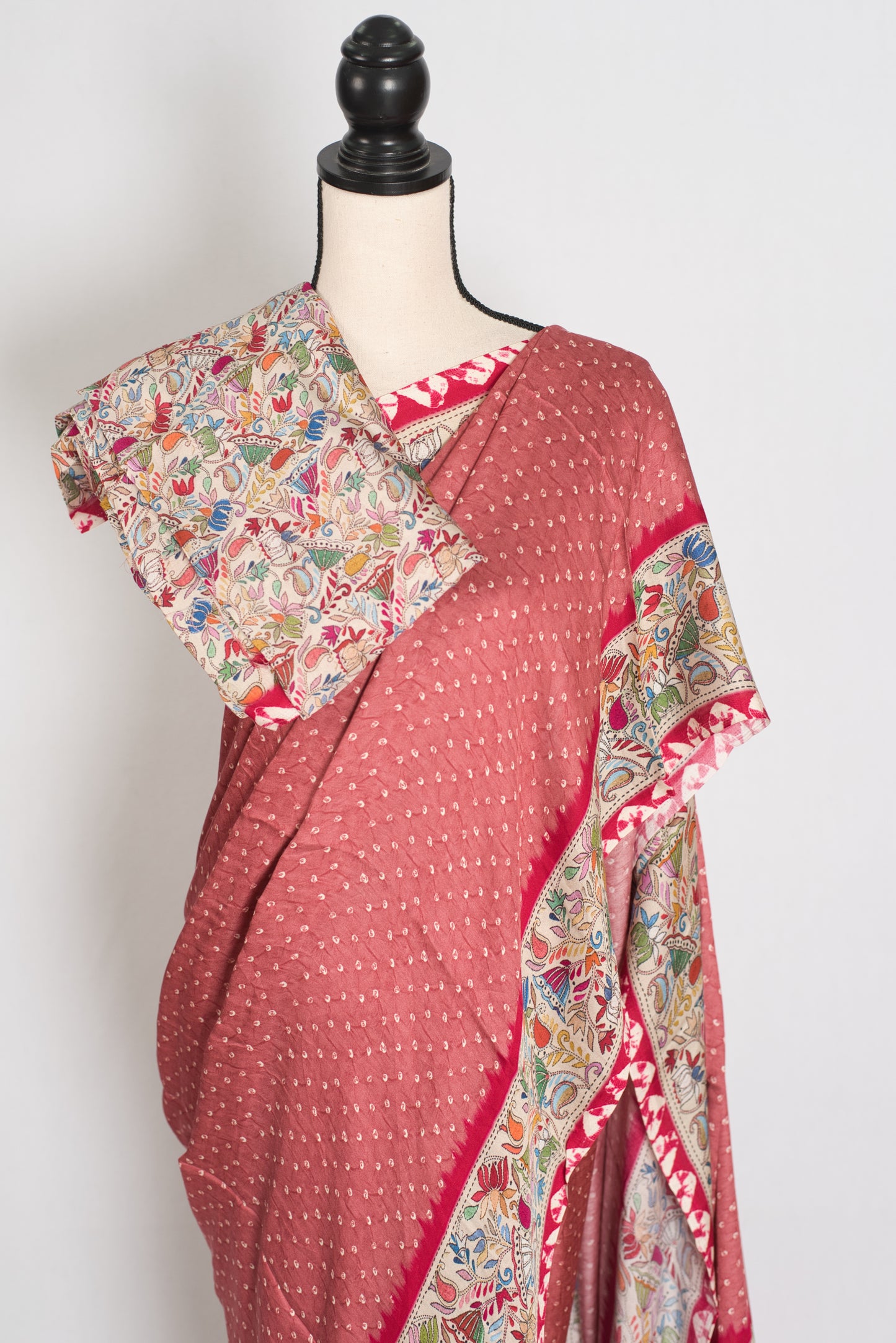 Bithi | Soft Pastel Pink & Beige Modal Silk Saree | Bandhani & Kantha Print image 2