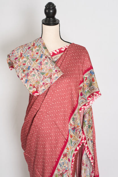 Bithi | Soft Pastel Pink & Beige Modal Silk Saree | Bandhani & Kantha Print image 2