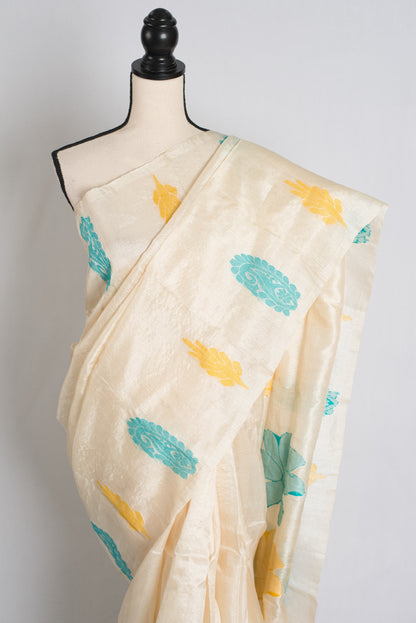 Laboni : Handwoven Bengal Tussar Saree in Cream, Yellow and Blue image 5