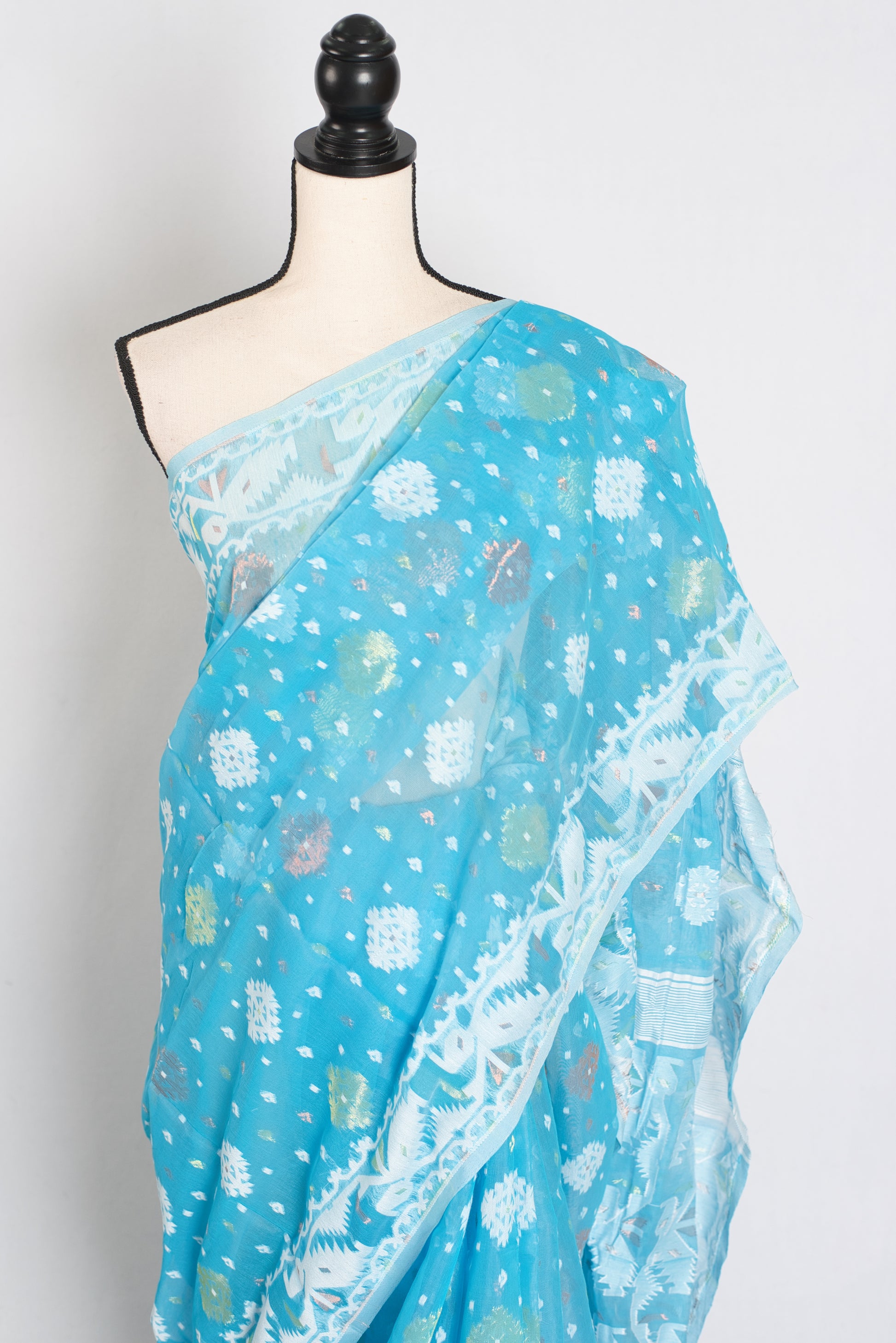 Nila : Sky Blue and White Blended Soft Cotton Jamdani Bengali Saree image 2