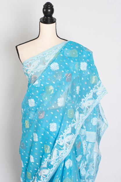 Nila : Sky Blue and White Blended Soft Cotton Jamdani Bengali Saree image 2