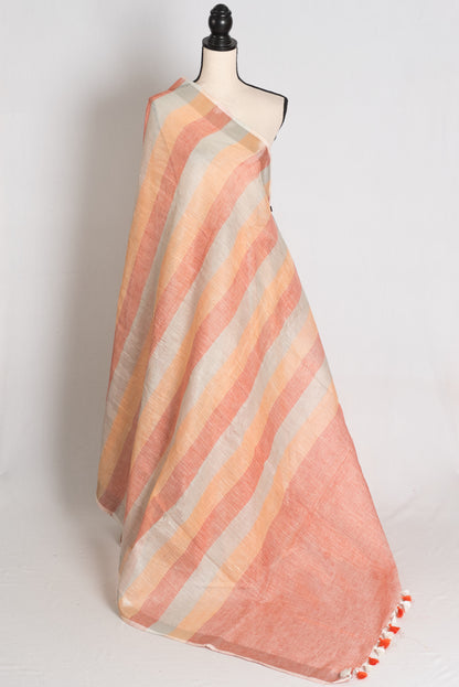 Priya : Pastel Orange and Powder Blue Lateral Striped Pure Linen Saree image 1