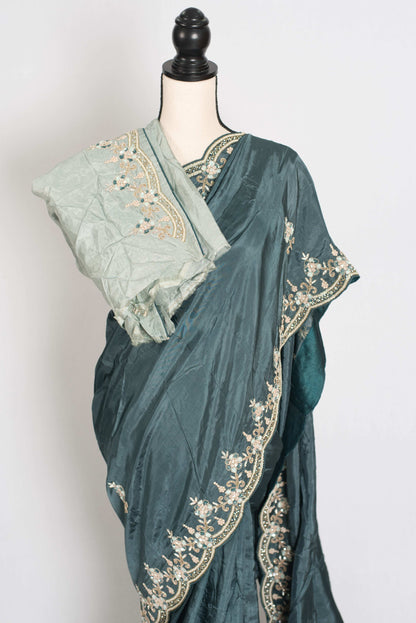 Zaina : English Green Hand Embroidered Zardozi Party Wear Saree image 2