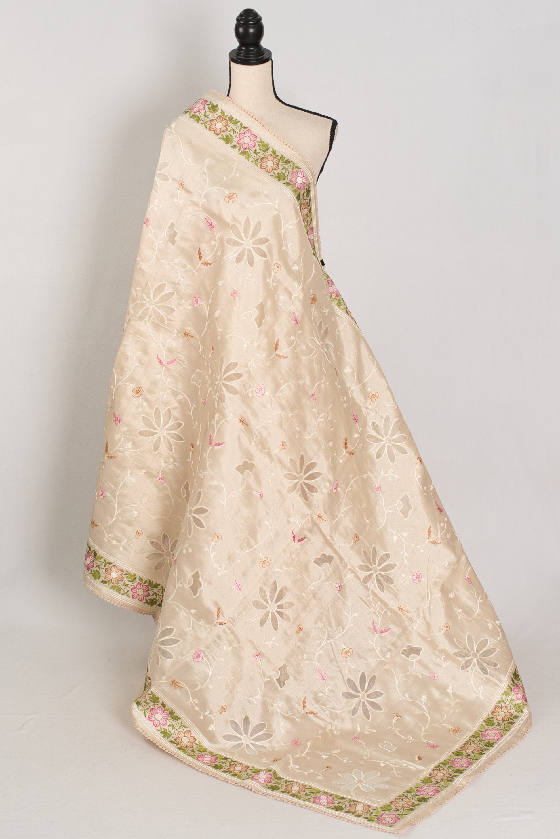 Shreya: Cream Semi Tussar Silk Saree with Multi-Color Cut Work Embroidery image 1