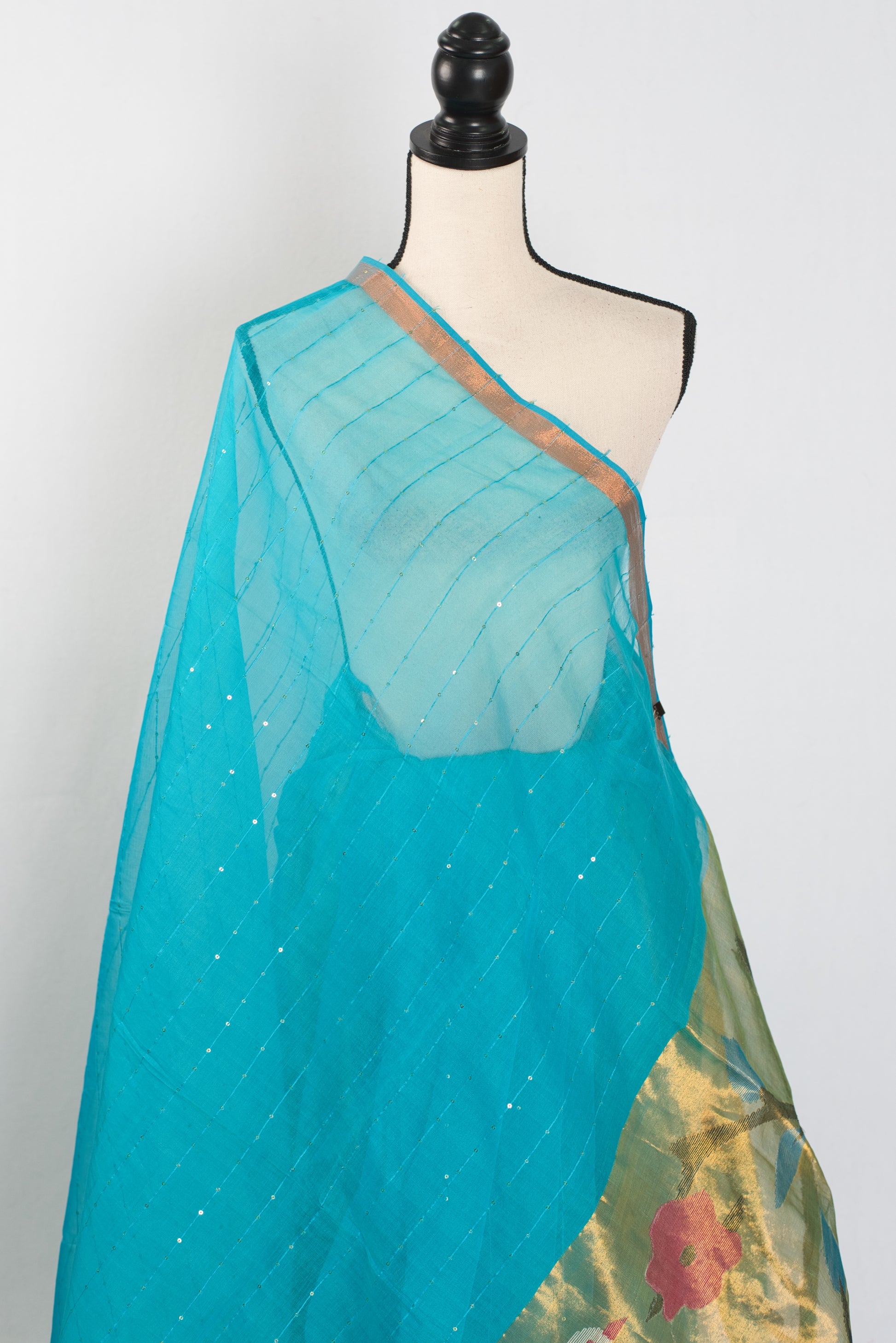 Shukti: Turquoise Blue & Gold Muslin Cotton Jamdani Saree | Sequin Weaving image 3
