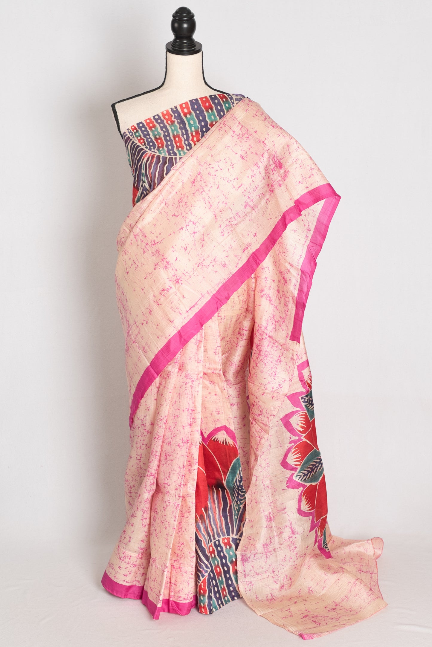 Dhriti : Cream and Pink Contemporary Floral Crack Batik Pure Silk Saree image 0