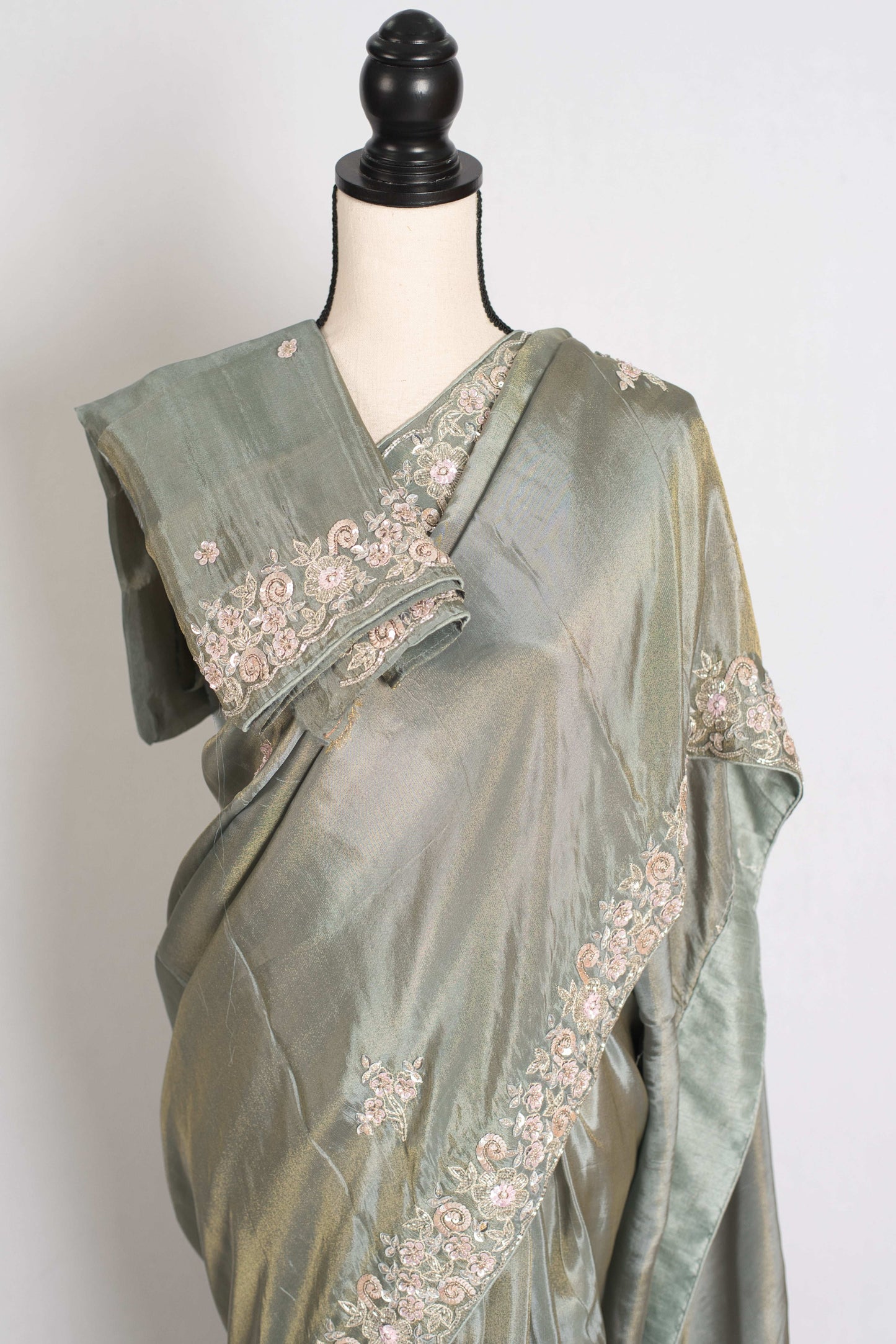 Fariha : Sage Green Hand Embroidered Zardozi Soft Organza Party Wear Saree image 2
