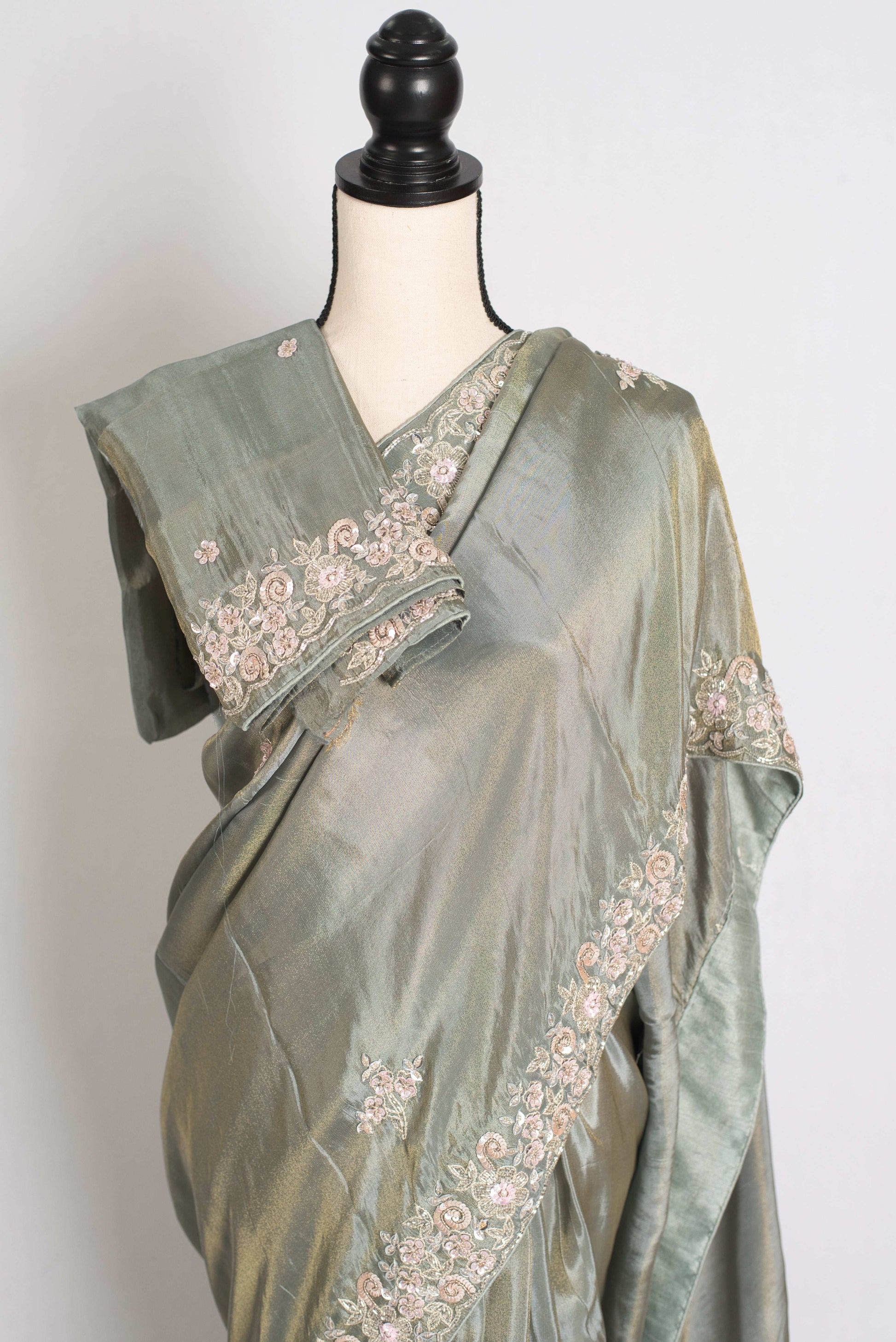 Fariha : Sage Green Hand Embroidered Zardozi Soft Organza Party Wear Saree image 2