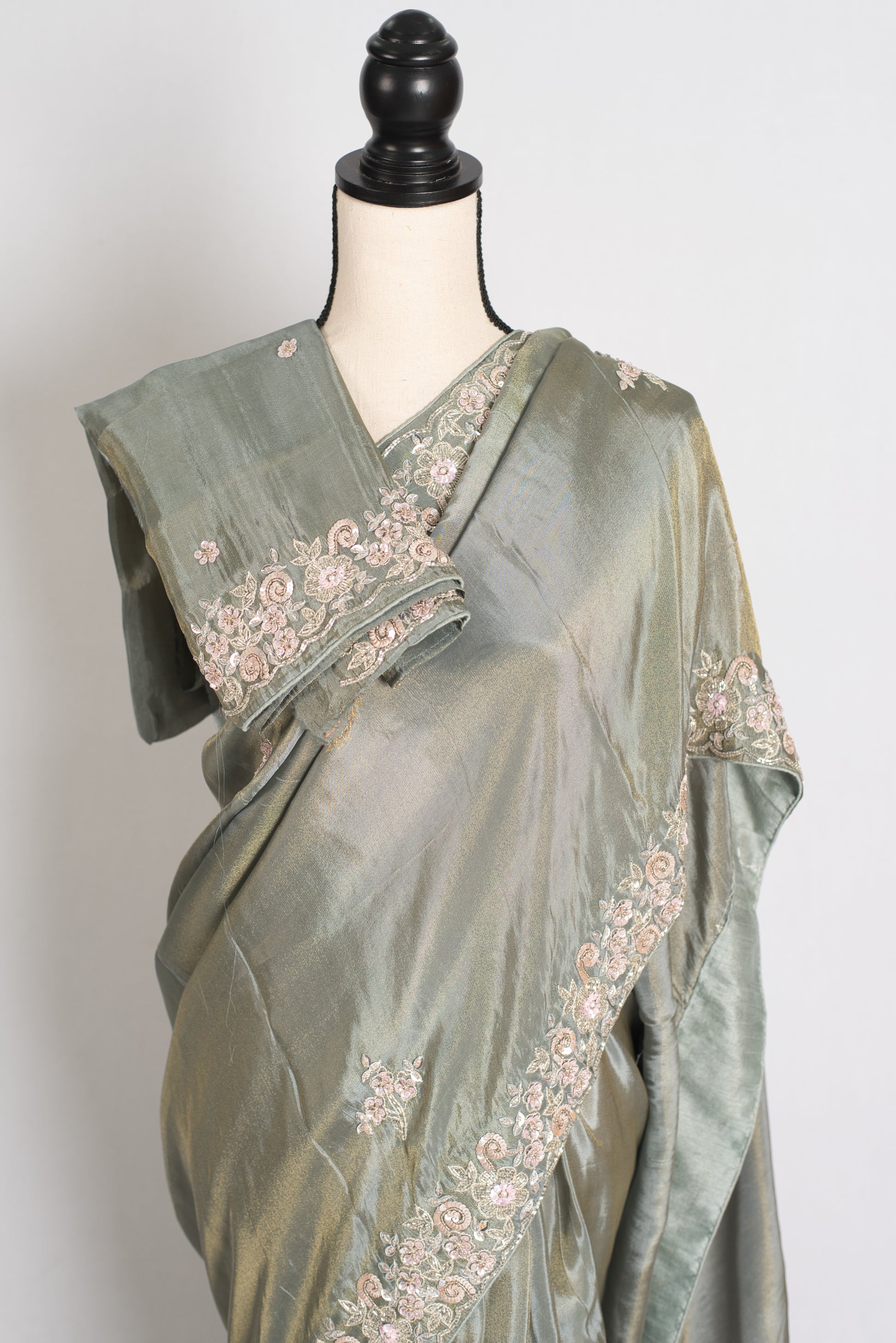 Fariha : Sage Green Hand Embroidered Zardozi Soft Organza Party Wear Saree image 2