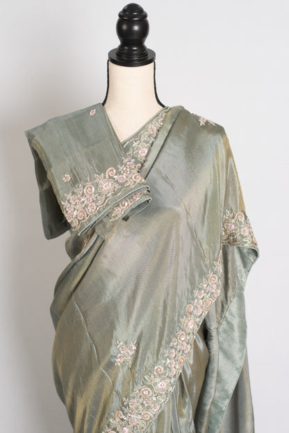 Fariha : Sage Green Hand Embroidered Zardozi Soft Organza Party Wear Saree image 2