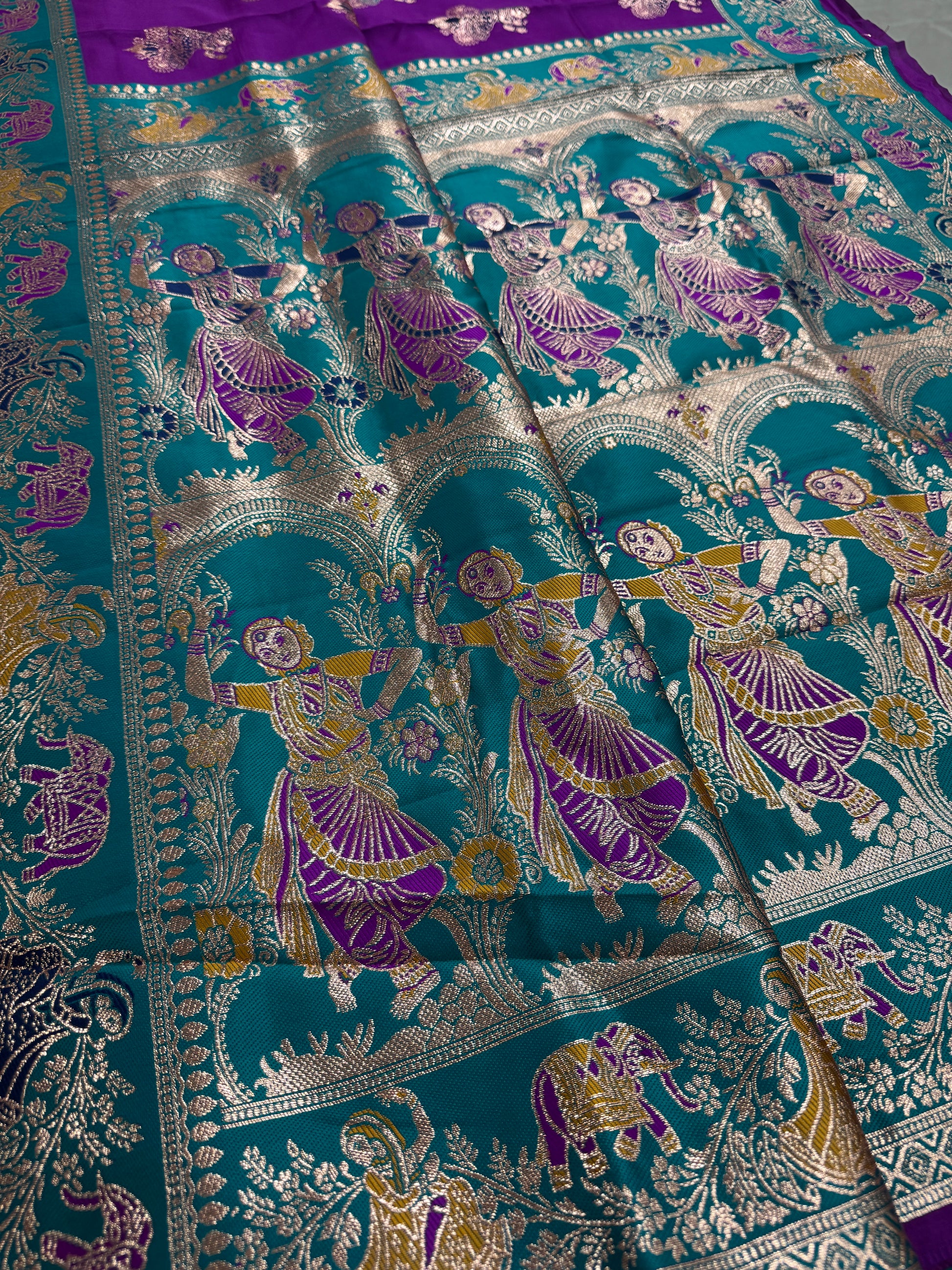 Mohini : Purple and Rama Green Baluchari Saree - Blended Silk from Bengal image 3