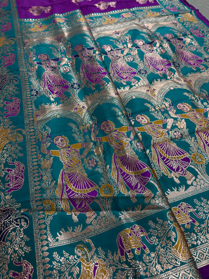 Mohini : Purple and Rama Green Baluchari Saree - Blended Silk from Bengal image 3