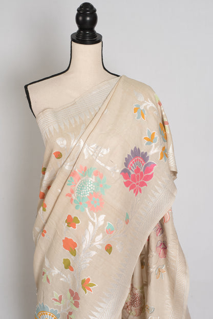 Nidhi : Beige & Silver Tussar Georgette Banarasi Saree with Minakari Florals image 6