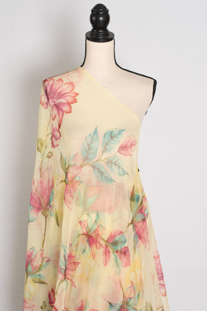 Sia : Light Yellow Floral Printed Chiffon Saree - Budget-Friendly Summer Drape image 3