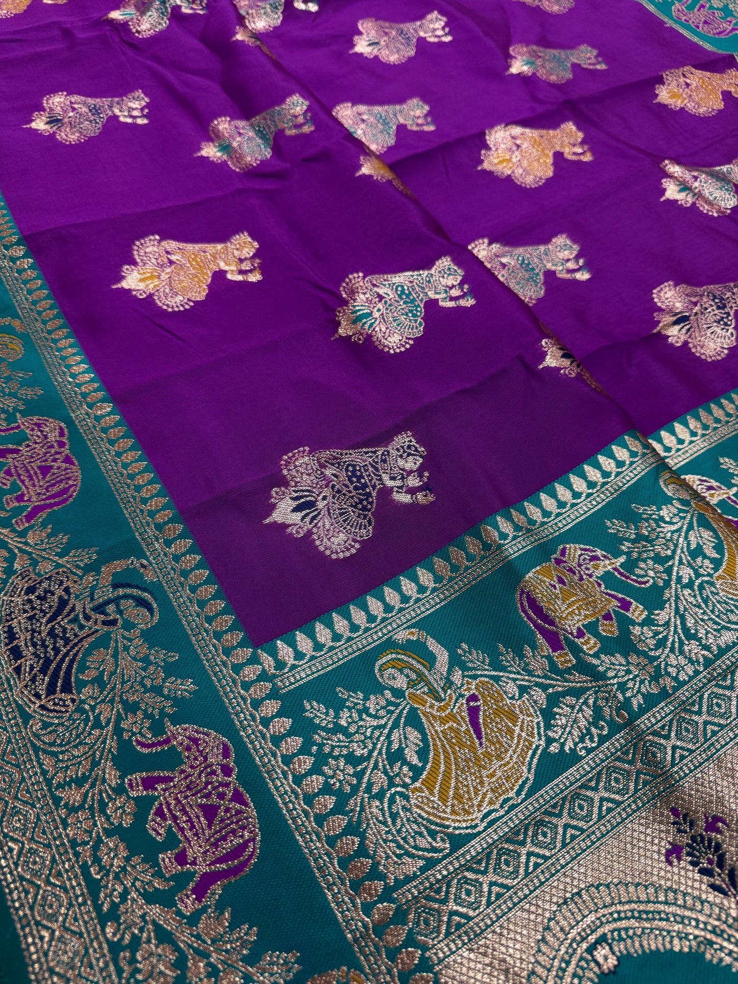 Mohini : Purple and Rama Green Baluchari Saree - Blended Silk from Bengal image 4