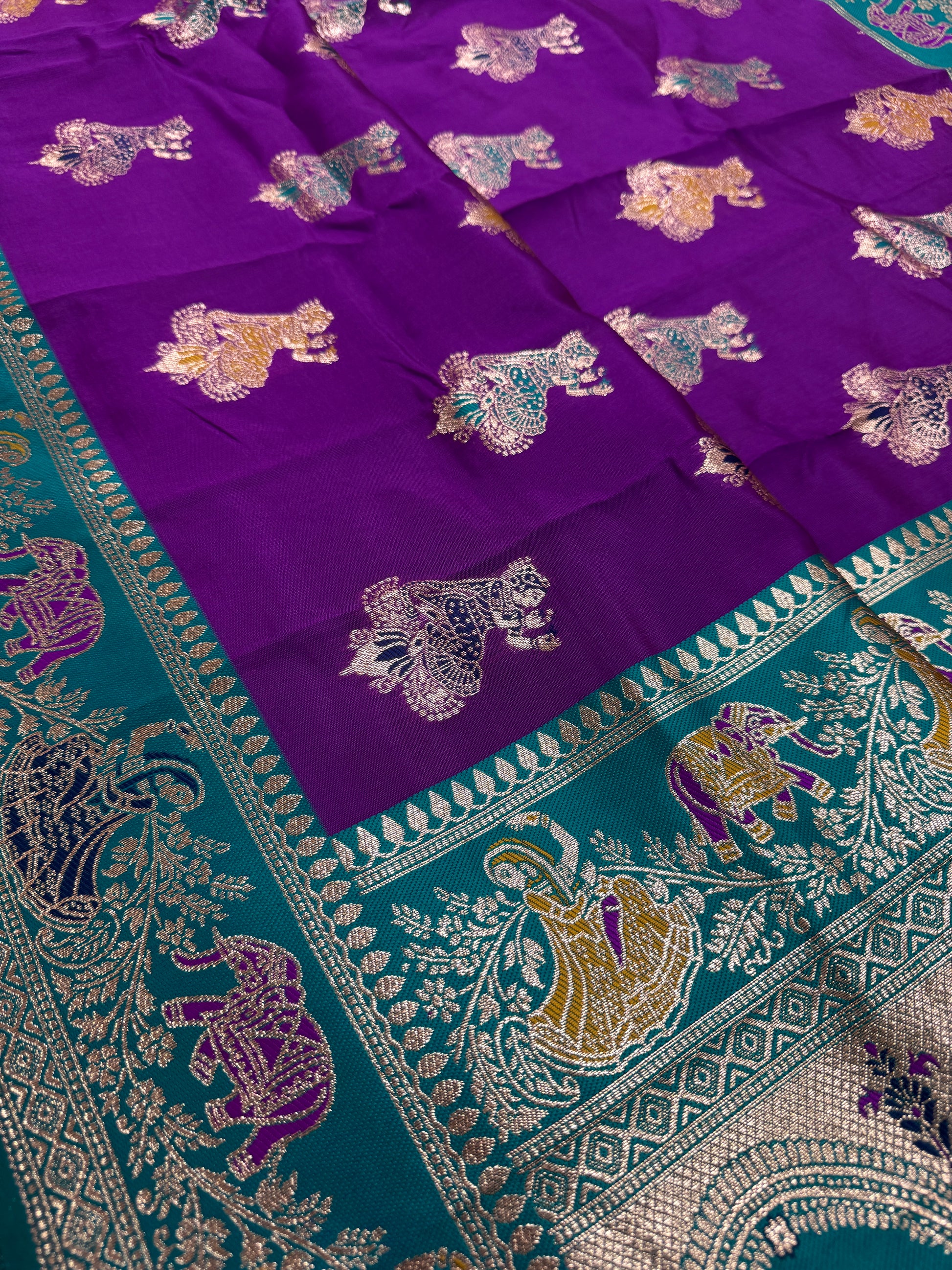 Mohini : Purple and Rama Green Baluchari Saree - Blended Silk from Bengal image 4