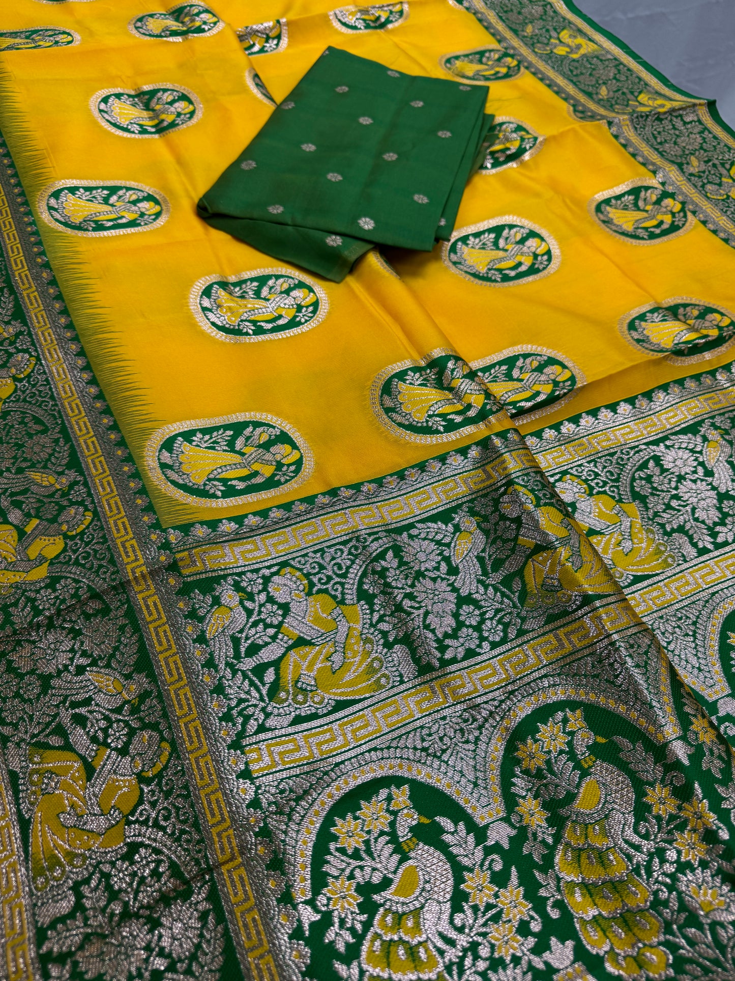 Pratima : Yellow and Green Baluchari Saree in Blended Silk image 1