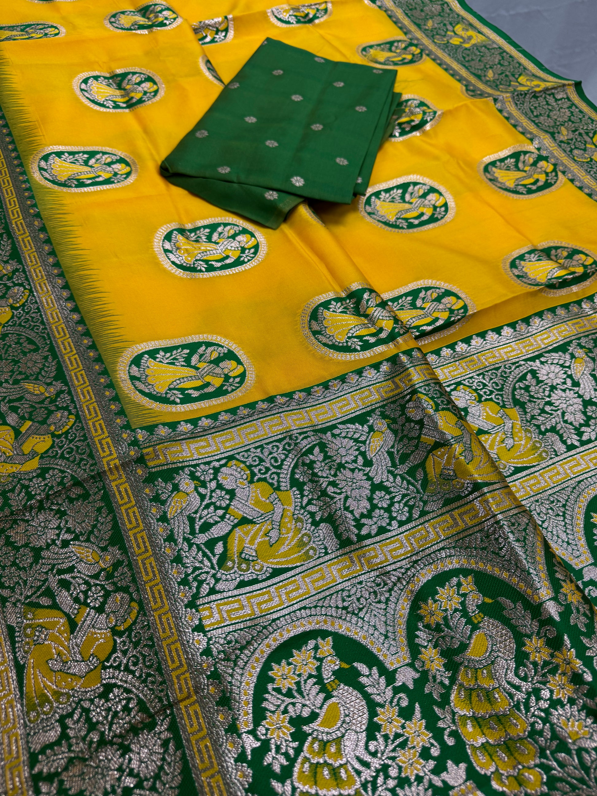 Pratima : Yellow and Green Baluchari Saree in Blended Silk image 1