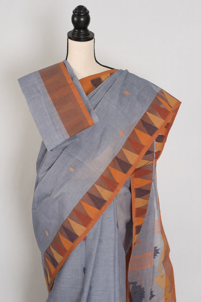Rai: Grey and Brown Pure Cotton Jamdani Saree with Temple Border image 2