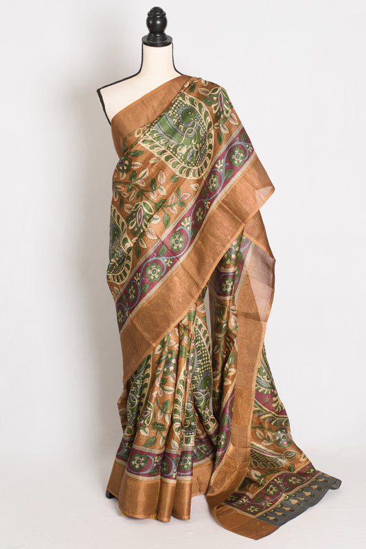 Rama : Brown Kalamkari Printed Tussar Silk Saree | Silk Mark Certified image 0