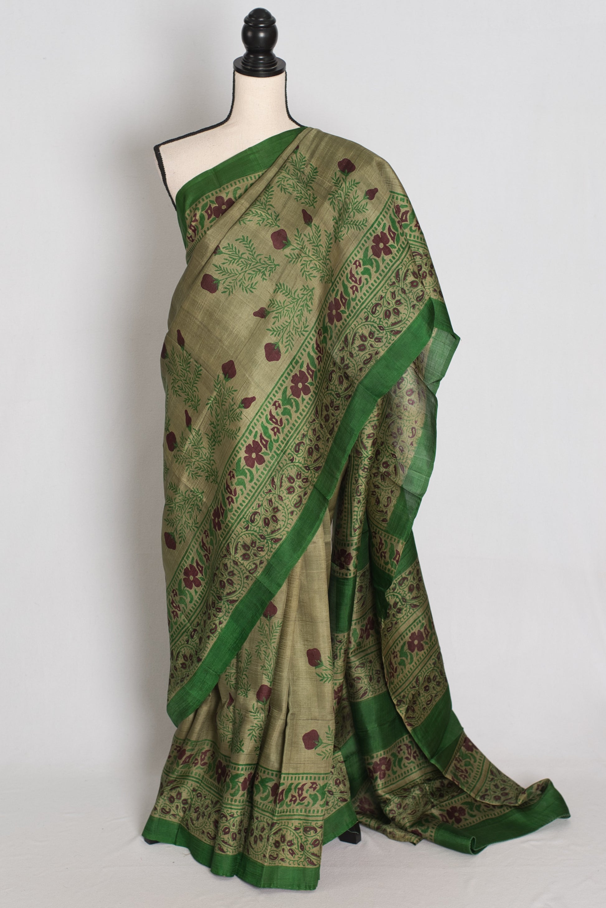 Shyamoli : Olive Green Hand Block Printed Murshidabad Pure Silk Saree image 0