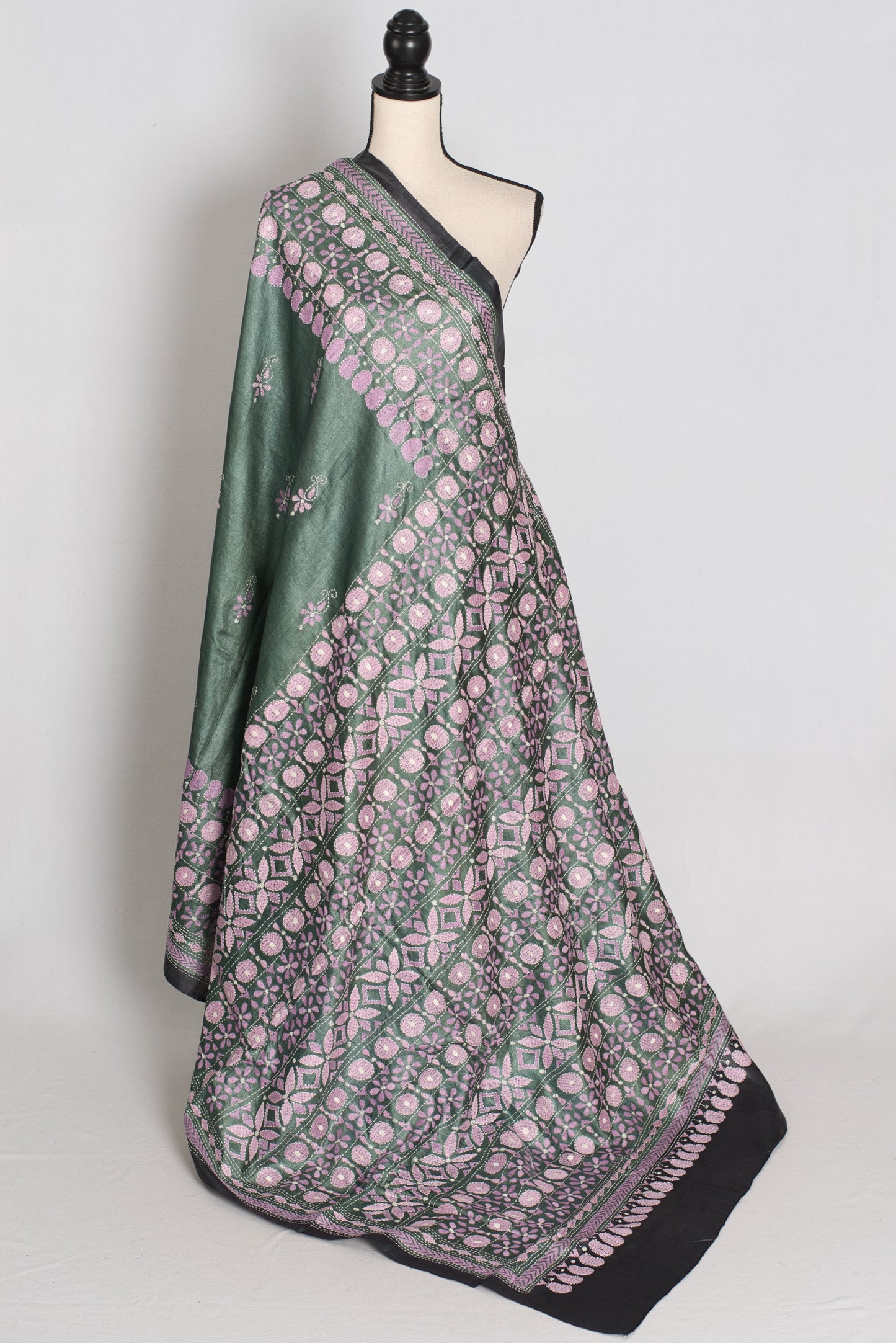 Sandhya : Green and Black Hand Embroidered Kantha Stitch Pure Tussar Silk Saree image 1