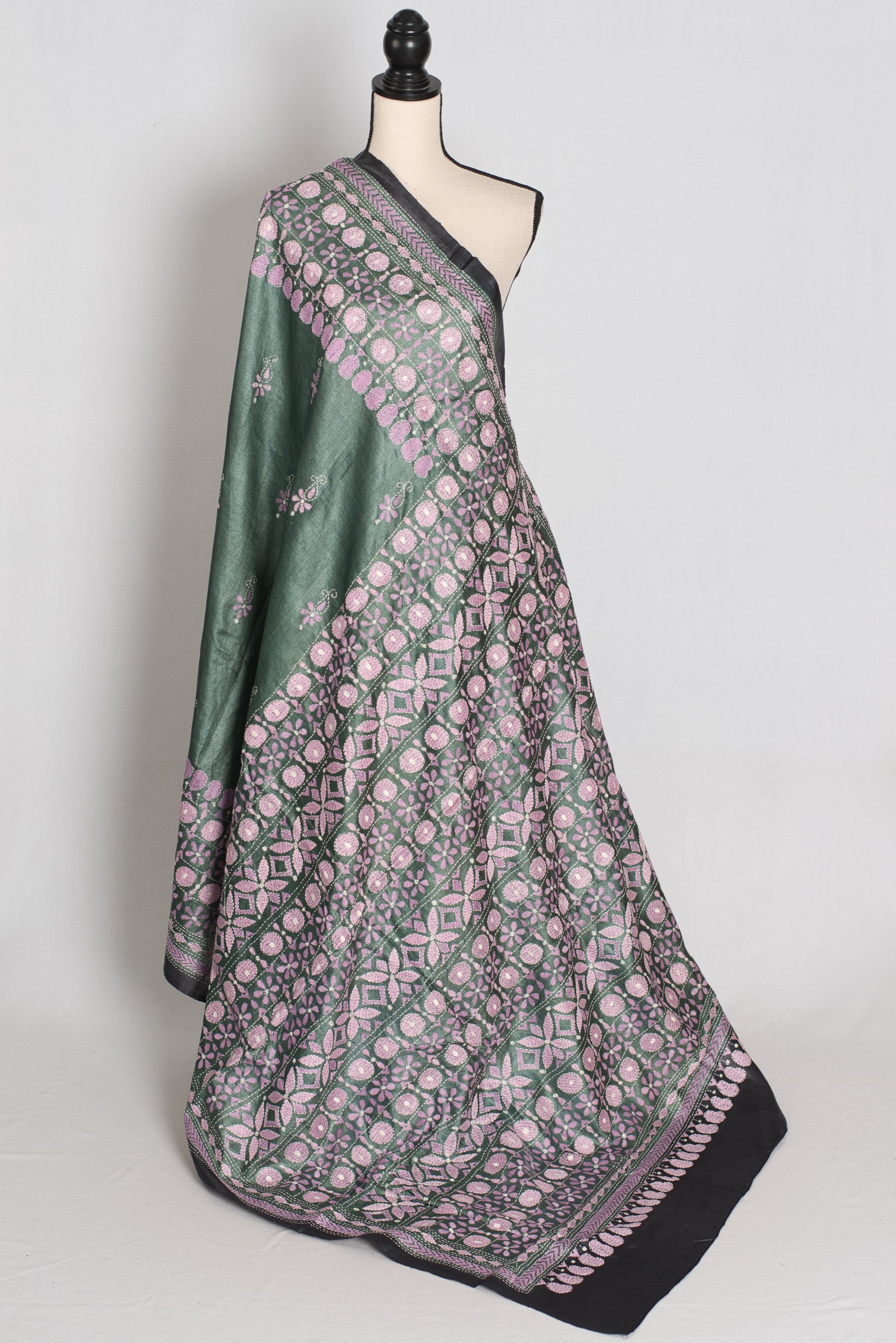 Sandhya : Green and Black Hand Embroidered Kantha Stitch Pure Tussar Silk Saree image 1