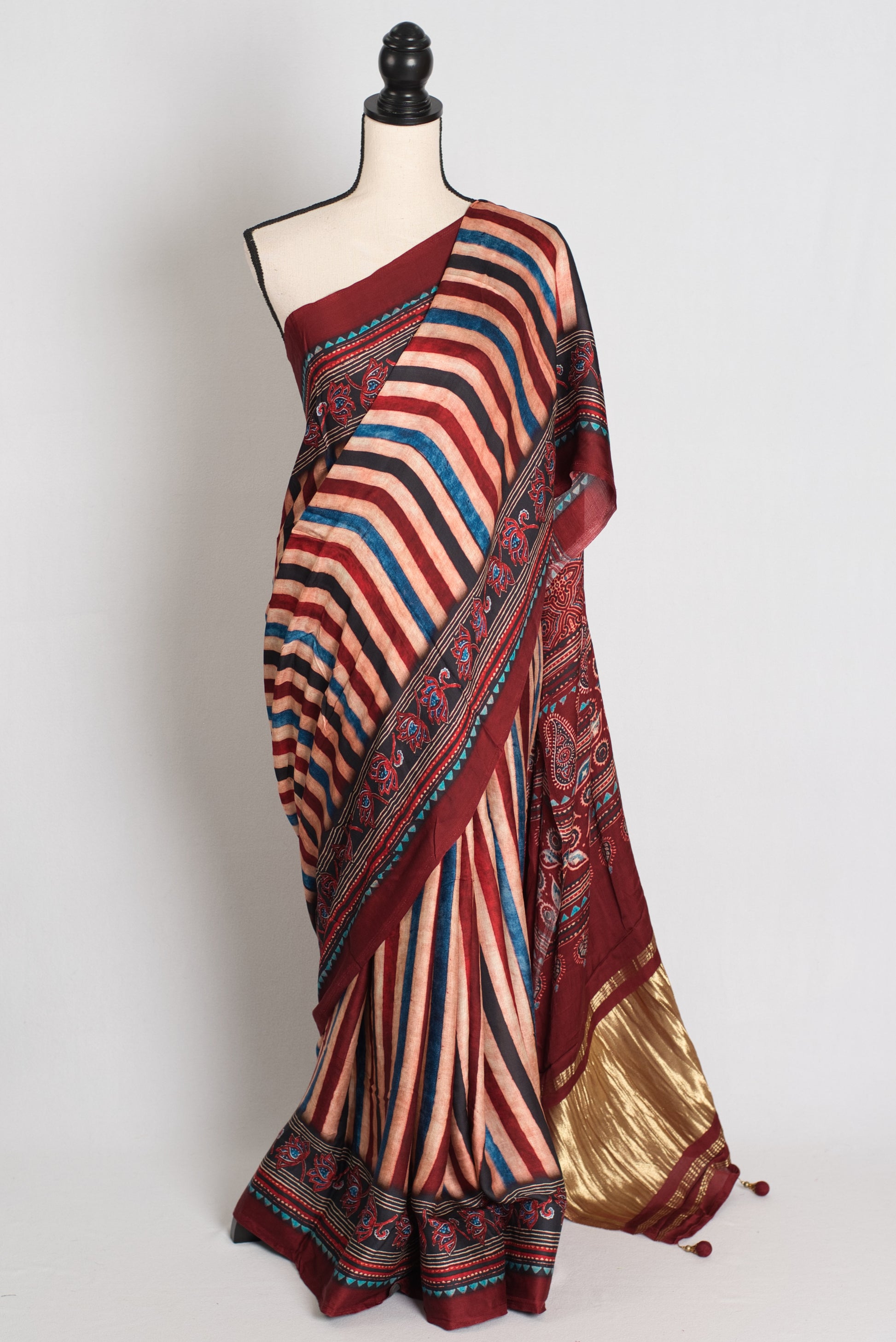 Soraya : Maroon Modal Silk Ajrakh Saree with Multi-Color Vertical Stripes image 0