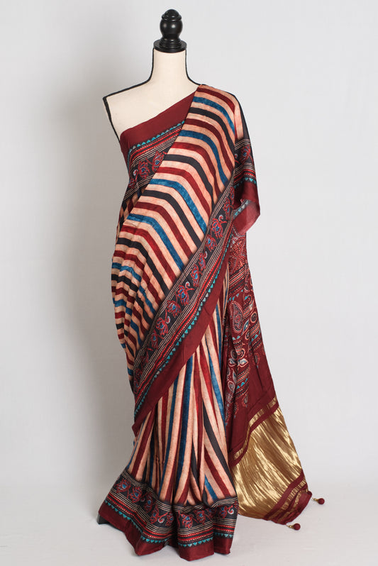 Soraya : Maroon Modal Silk Ajrakh Saree with Multi-Color Vertical Stripes image 0