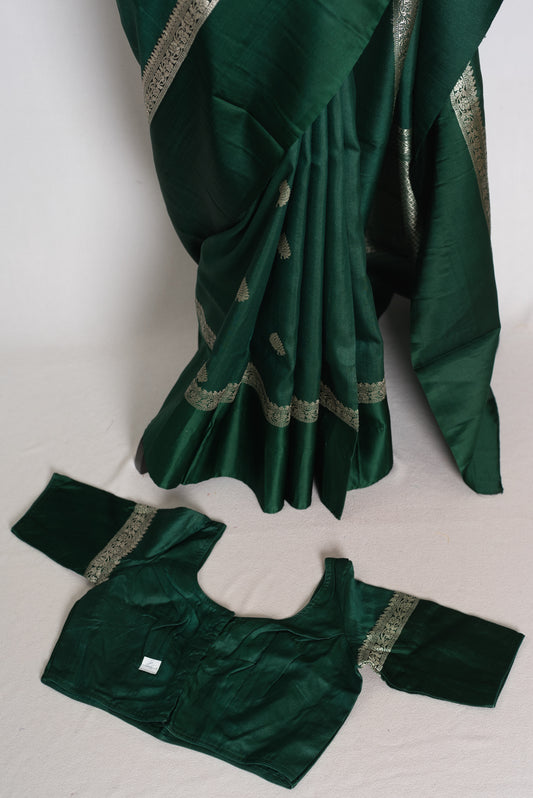 Protha : Bottle Green Tussar Silk Banarasi Saree with 36 Size Blouse image 1