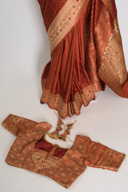 Nina | Rust Orange Semi Mashru Banarasi Saree | Pre-Stitched Size 40 Blouse image 2