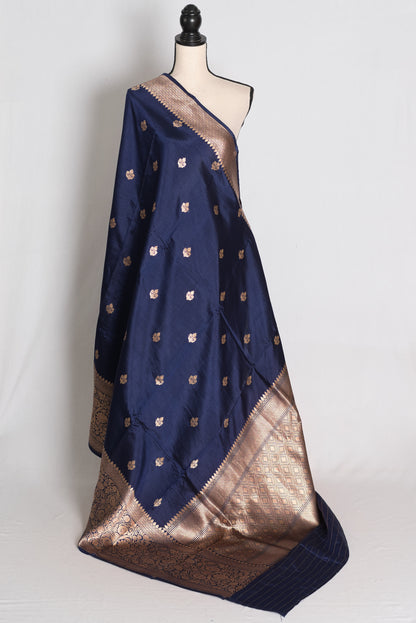 Krishna: Midnight Blue and Gold Mango Silk Banarasi Saree with Wide Border image 1