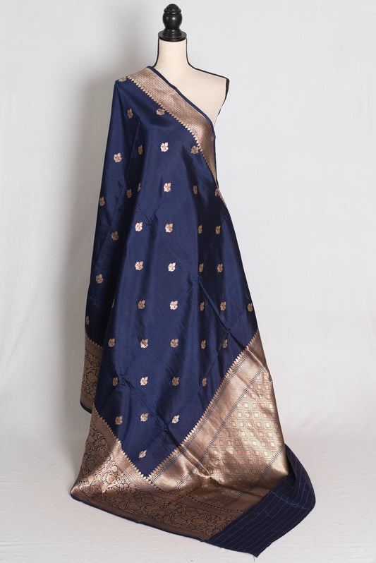 Krishna: Midnight Blue and Gold Mango Silk Banarasi Saree with Wide Border image 1