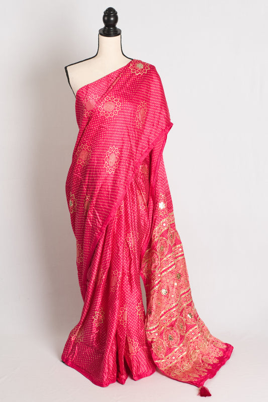 Vashu : Pink Modal Silk Bandhani Saree with Hand Embroidery Gota Patti Work image 0
