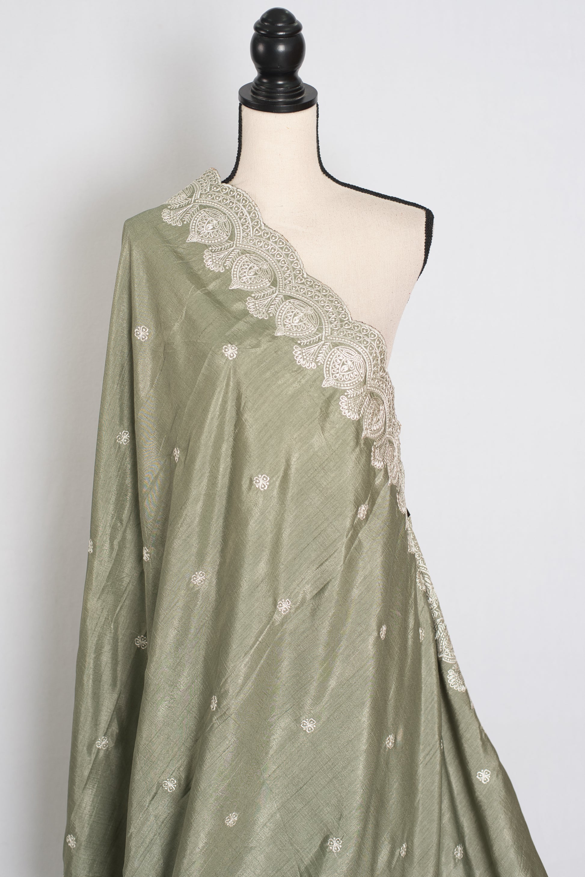 Hema | Sage Green Semi Tussar Silk Saree | Machine Embroidery & Scalloped Border image 3