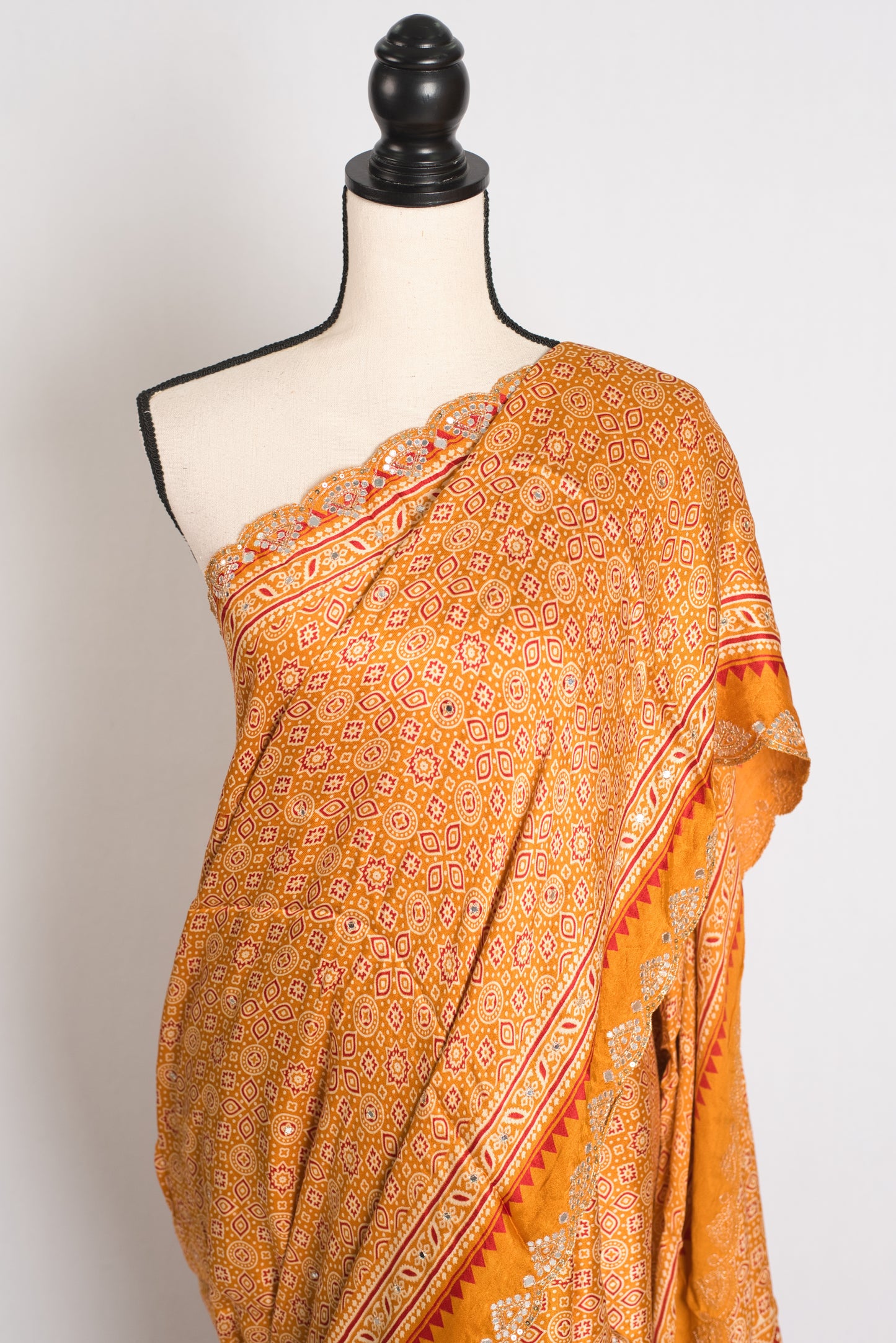 Heema : Yellow Pure Modal Silk Ajrakh Saree with Hand Embroidery Gota Patti Work image 5