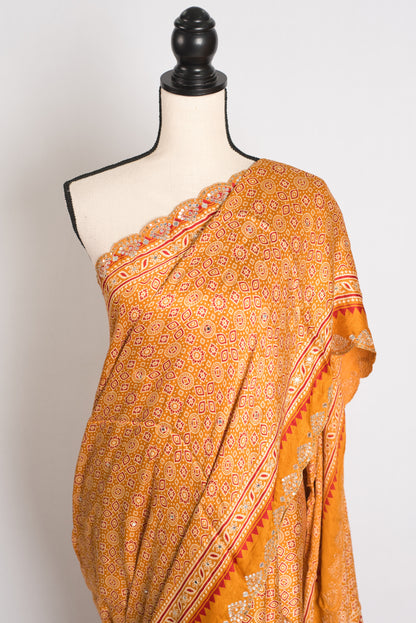 Heema : Yellow Pure Modal Silk Ajrakh Saree with Hand Embroidery Gota Patti Work image 5